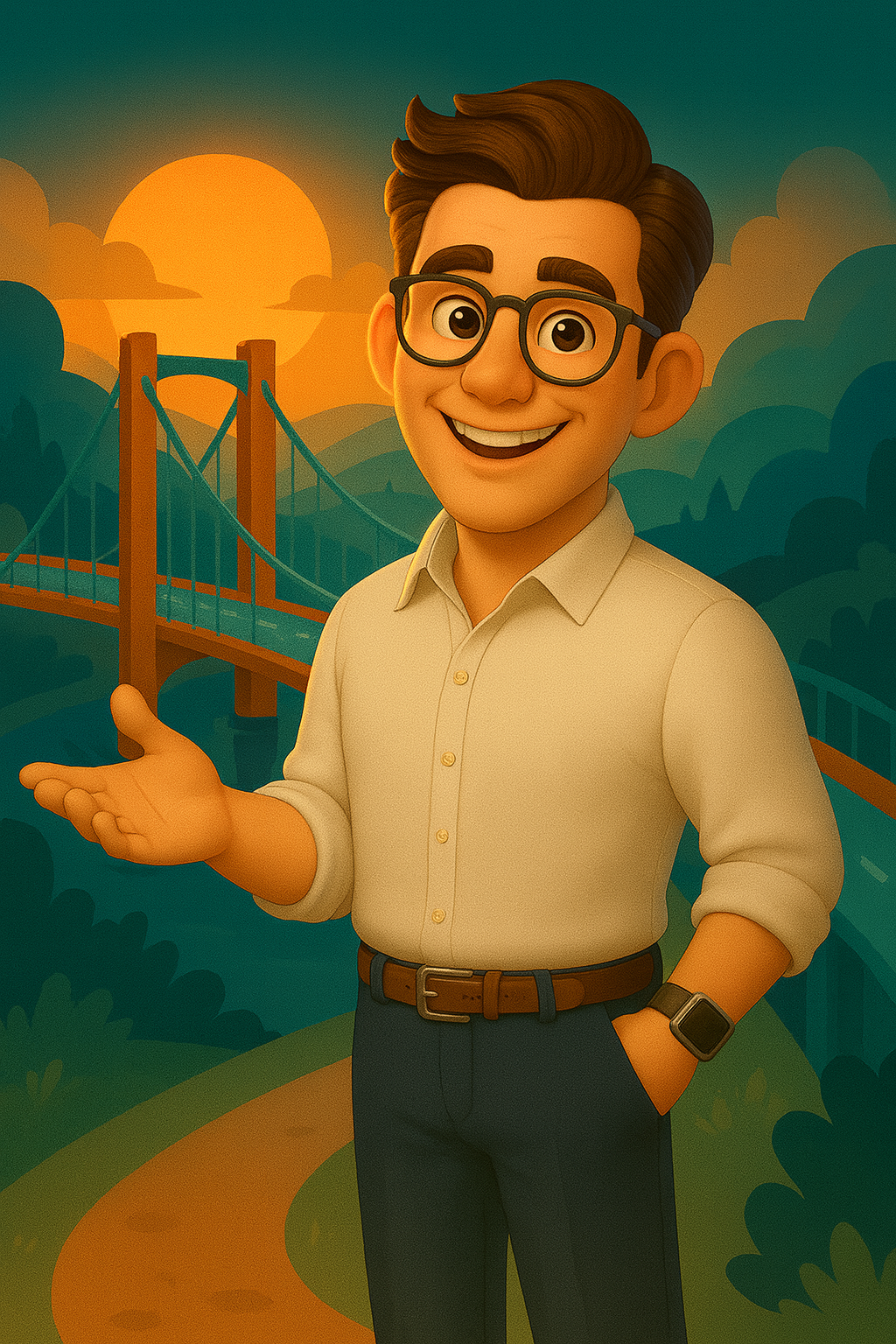 Digi-Pal, ein digitaler Avatar, steht vor eine Brücke
