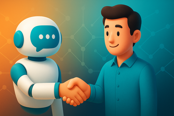 Semi-flat 3D-Illustration: Menschlicher Avatar reicht einem leuchtenden KI-Chatbot die Hand, verbunden durch Amber- und Türkis-Lichtlinien auf futuristischem Farbverlauf